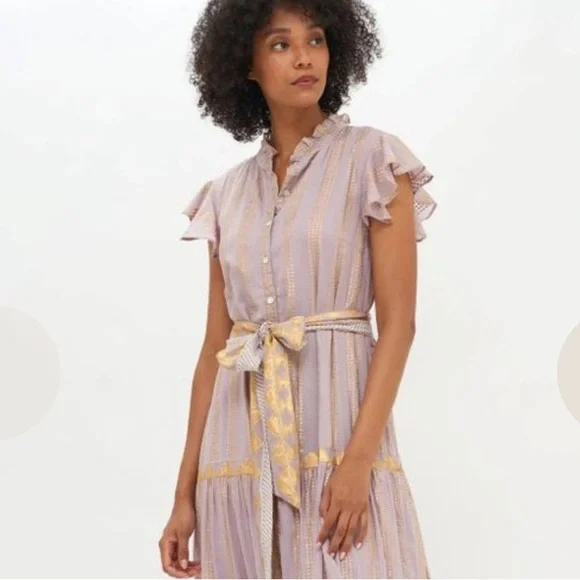 OLIPHANT RUFFLE COLLAR BUTTON MAXI - PIXIE GREY/Hand painted gold- Sz. L - NWT - Picture 2 of 14